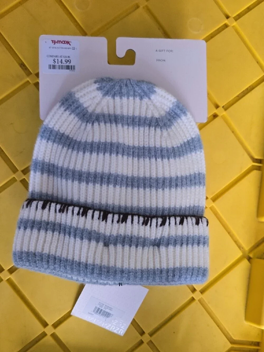 Rachel Zoe Cream and Light Blue Striped Beanie with Flip-Top Mittens